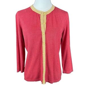 Judith Hart Size MEDIUM Silk 3/4 Sleeve Cardigan Sweater Red & Tan